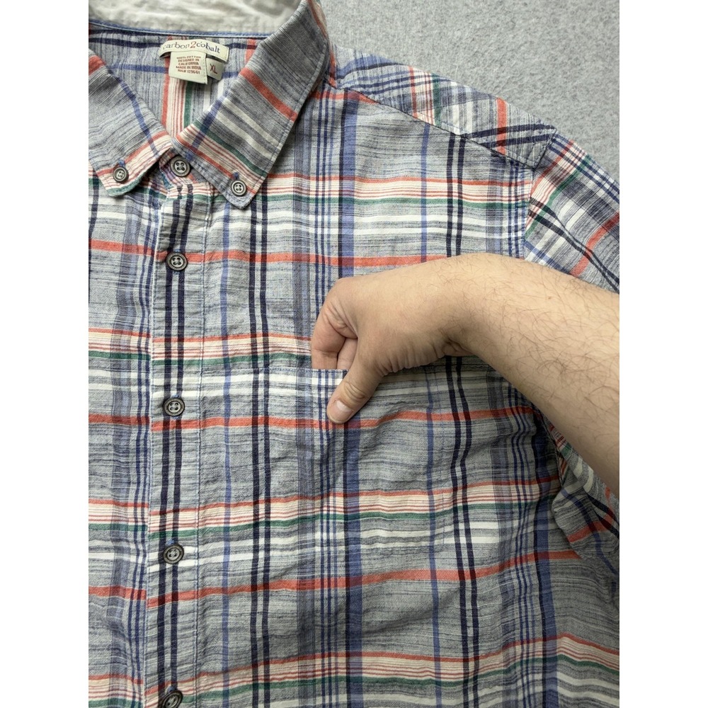 Carbon2cobalt Shirt Mens XL Blue Plaid Chambray Cotton Short Sleeve - Picture 2 of 7